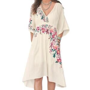 Bohemian Sundance Floral Embroidered Kaftan Dress XS 100% Cotton Tassel High Low